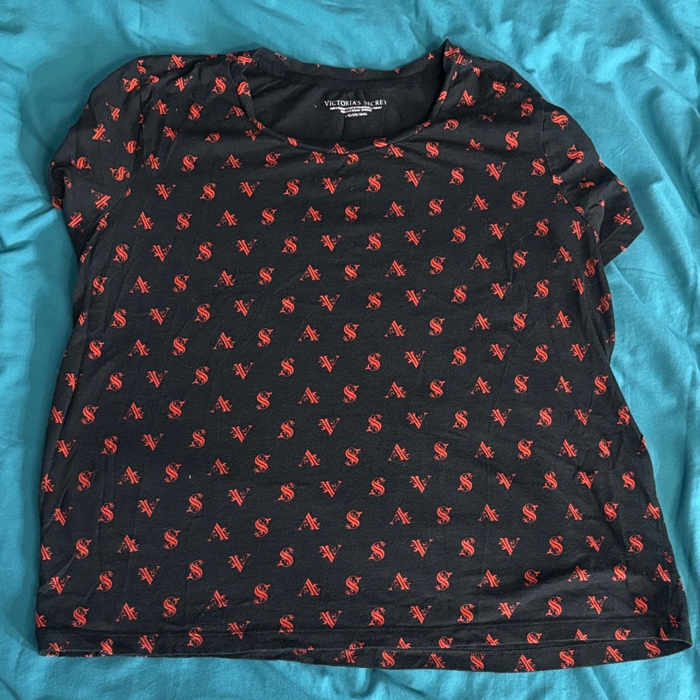 Victoria's Secret Black Tee with Red Logo Allover